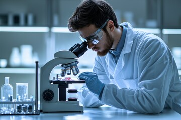A dedicated scientist intensely examining a microscopic sample in a modern lab setting, wearing safety glasses, driving innovation through scientific exploration and precision.