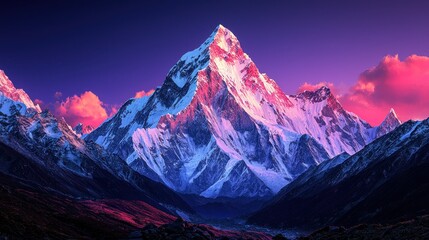 Majestic Mountain Peak at Sunset, Snowy Peaks, Colorful Clouds