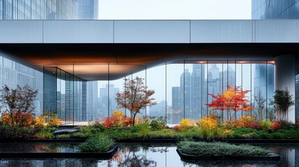 Fototapeta premium A serene urban oasis featuring modern architecture and vibrant autumn foliage in a tranquil setting
