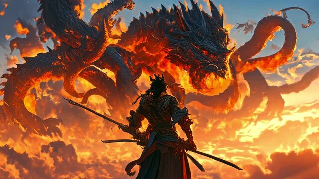 Warrior Facing a Colossal Fire Dragon in a Fiery Sky