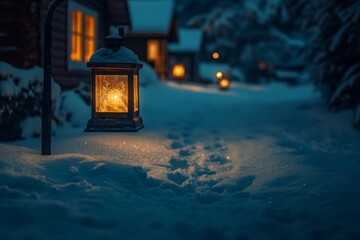 Enchanting Winter Night Glowing Lantern in Snowy Landscape