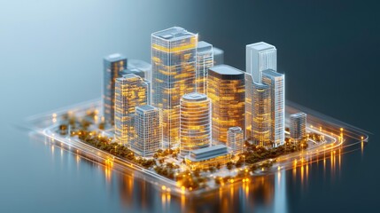 Obraz premium A stunning model of a futuristic city skyline with illuminated skyscrapers and vibrant surroundings at night.