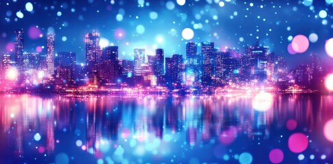 Obraz premium Illuminated cityscape reflecting on water with bokeh lights effect