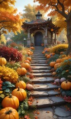 Enchanting garden scene with colorful fall foliage and whimsical pumpkins, Halloween, festive, outdoors