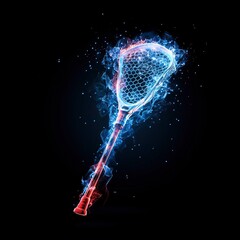 Dynamic and colorful depiction of a lacrosse stick surrounded by vibrant smoke and light effects in a dark setting