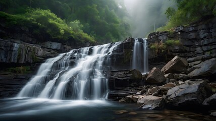 Fototapeta premium A photo waterfall cascading down a rocky cliff.