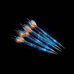 A vibrant display of glowing darts aligned in motion, showcasing dynamic energy and precision against a dark background