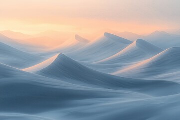 An abstract landscape showcasing blue and white sand dunes under a pastel sky, evoking a sense of tranquility and peacefulness with soft light, nature's beauty, and minimalist design.
