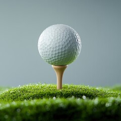 A close-up view of a golf ball resting on a wooden tee in an emerald grass setting, surrounded by dew droplets reflecting light.