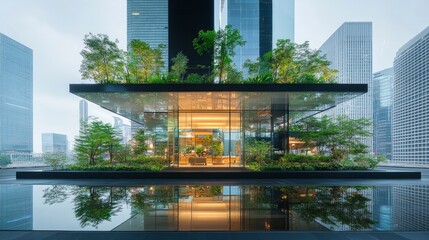 Modern architectural marvel featuring a glass structure with lush greenery on top amidst a bustling urban landscape