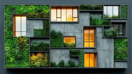 A modern architectural design featuring a green wall with multiple windows, showcasing the integration of nature and urban living