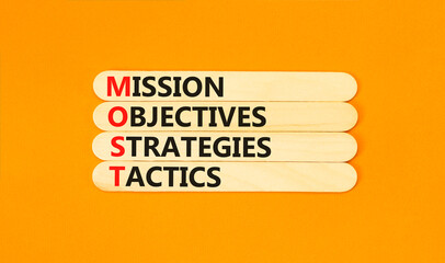 MOST symbol. Concept word MOST Mission Objectives Strategies Tactics on wooden sticks. Beautiful orange background. Business motivational MOST Mission Objectives Strategies Tactics concept. Copy space