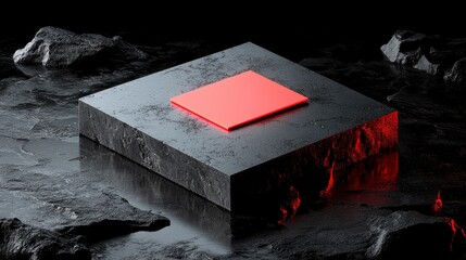A striking red square on a textured black platform surrounded by dark rocky surface elements, showcasing modern design aesthetics