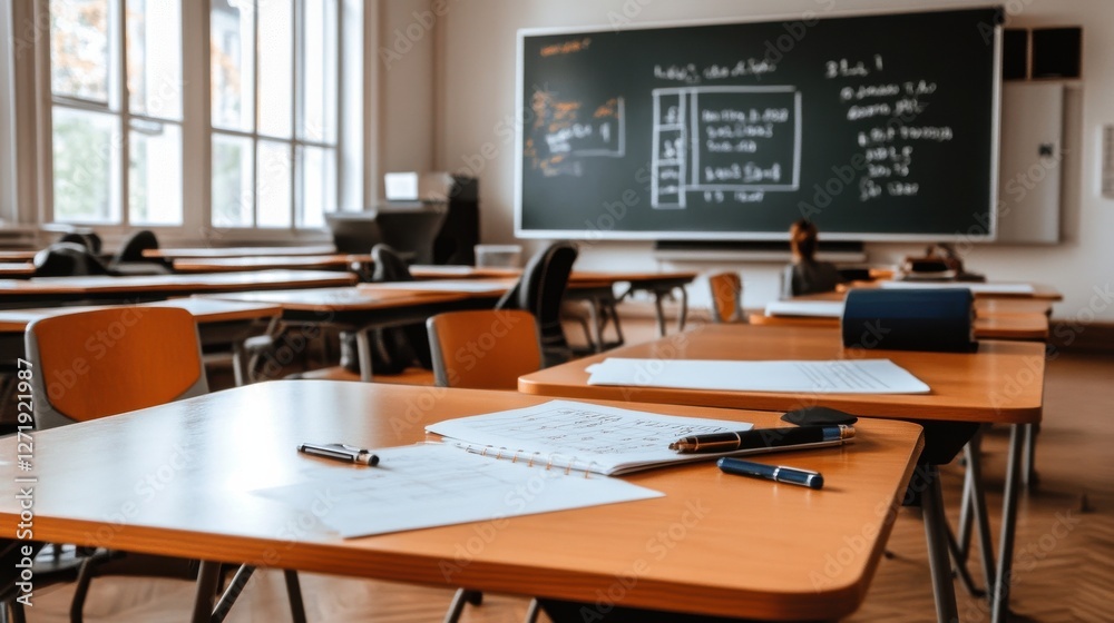 Poster a classroom with a blackboard and a few students sitting at desks