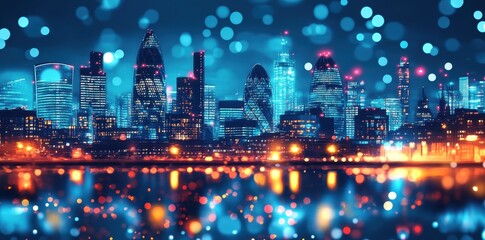 Sparkling cityscape with glowing reflections beneath the night sky