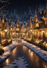 Obraz premium Festive Christmas village with golden accents and lights, candles, , golden accent