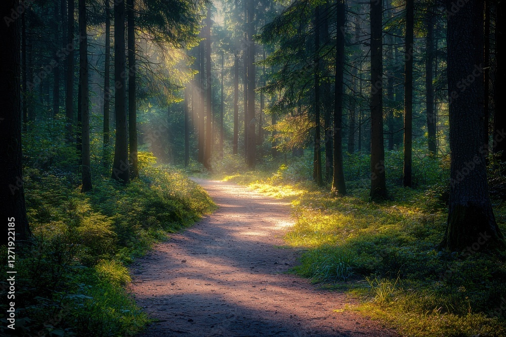 Poster sunlight streams through the trees, illuminating a winding path in the deep forest, creating a magic
