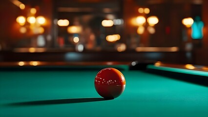 A close-up of an orange billiard ball on a green pool table, with a blurred background of lights and decor. Concept Billiard Ball Close-Up, Green Pool Table, Blurred Background, Ambient Lighting