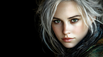 Fototapeta premium Woman, grey hair, intense gaze, dark background, portrait