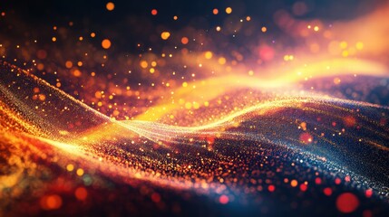 Obraz premium Colorful abstract background with glowing particles in waves of light across a dark surface. Generative AI