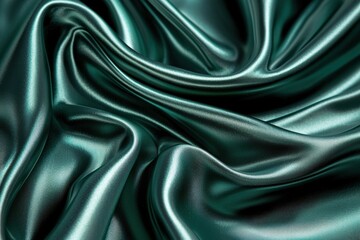 Obraz premium A close-up shot revealing the intricate folds of a luxurious, teal satin fabric, its smooth surface reflecting light to create a mesmerizing interplay of highlights and shadows.