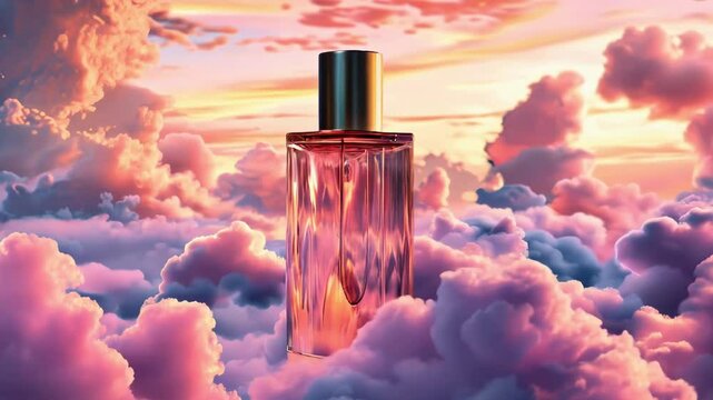 Elegant perfume bottle amidst dreamy sunset clouds.