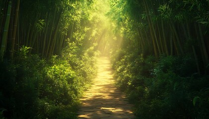 A peaceful bamboo forest pathway with soft glowing sunlight, centered on a solid ivory background