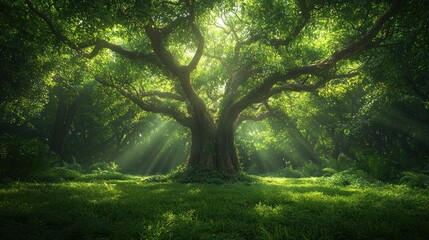 Obraz premium Majestic tree bathed in sunlight in lush forest clearing
