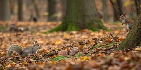 Forest floor seamless pattern with cute animals among fallen leaves, nature background, organic texture, leafy greens, animal illustrations, natural fiber