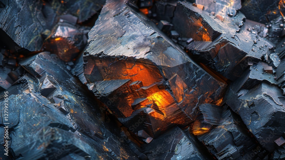 Poster a cluster of charcoal like rocks reveals glowing embers at their core, casting an enchanting light i