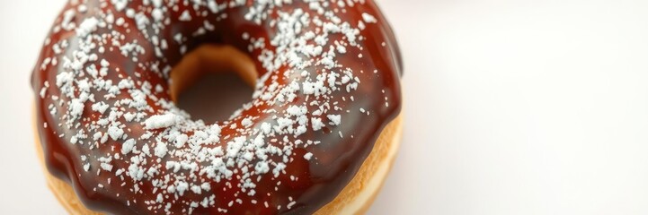 Freshly baked donut covered in rich chocolate frosting and topped with a generous sprinkle of sugar crystals, sweet, delicious