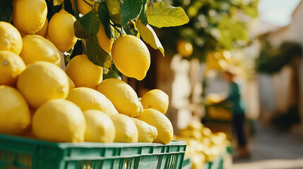 Bright lemons fill green crates at a vibrant market, radiating freshness and zest against a blurred background, embodying a lively, aromatic marketplace scene.