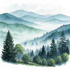 Fototapeta premium Misty Mountain Watercolor Landscape Blue Hues, Forest Scenery, Foggy Peaks, Watercolor Painting, Nature Art, Landscape Painting, Mountain Range. Watercolor