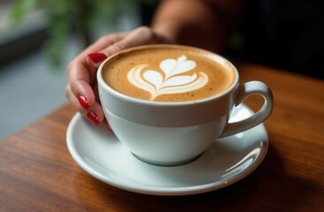 Obraz premium A hand with red nails holds a white coffee cup featuring beautiful latte art. The warm beverage is placed on a wooden table inviting a moment of relaxation in a cafe.