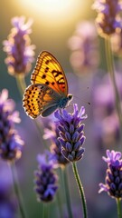 Vibrant orange butterfly resting on lavender in sunset glow