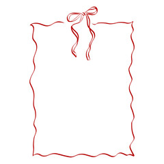 Girly Ribbon Bow frame of hand drawn line art style. Coquette cute birthday border for Valentine day cards, menu and Wedding invitations templates. Doodle contour vector illustration