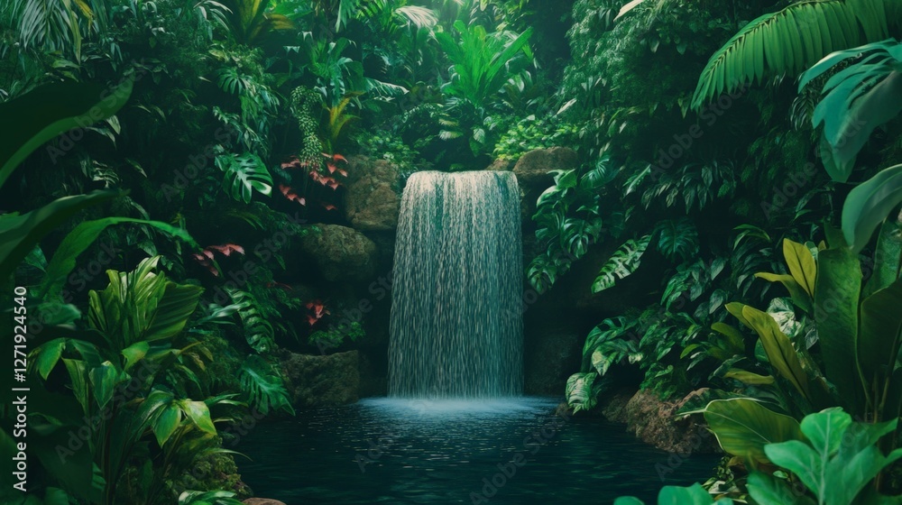 Poster sunlight filtering through the dense rainforest canopy illuminates a mesmerizing waterfall cascading