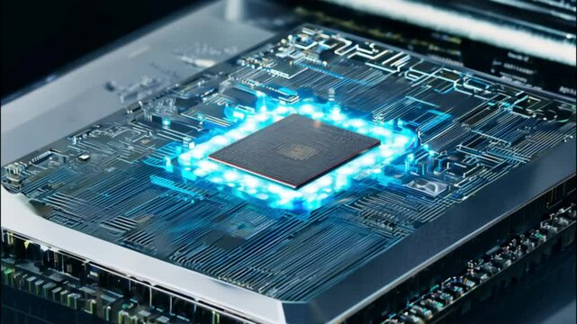 A close-up view of an advanced AI processor surrounded by glowing circuits, symbolizing cutting-edge artificial intelligence technology.
