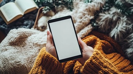 A person holding a mobile device with blank display, cozy reading area behind.