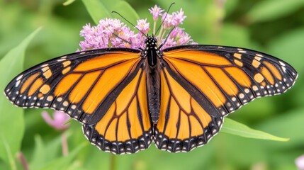 Naklejka premium Monarch butterfly wings spread on pink flower, garden background, nature poster