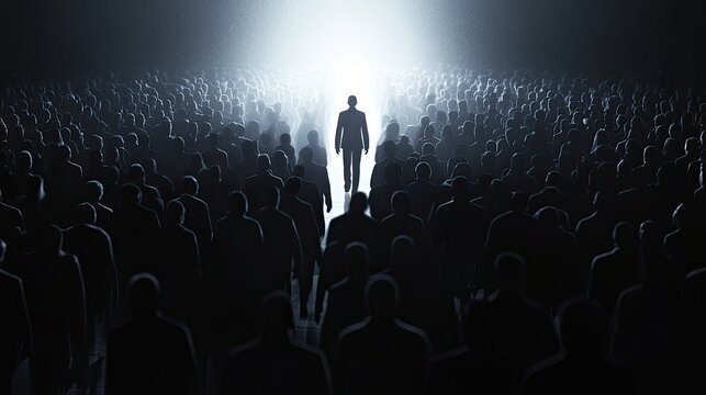 A single bright figure walking forward in a darkened crowd, representing ambition and progress.