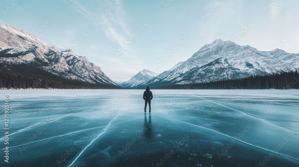 Poster hiker standing on a frozen lake, surrounded by breathtaking views of snow capped mountains and a tra
