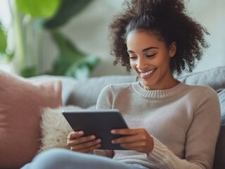 Fototapeta premium Woman Engrossed in Reading on Tablet
