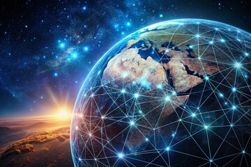 Naklejka premium Global Network: Illuminated Earth from Space, Data Flow, Technology, Night Sky, Stars