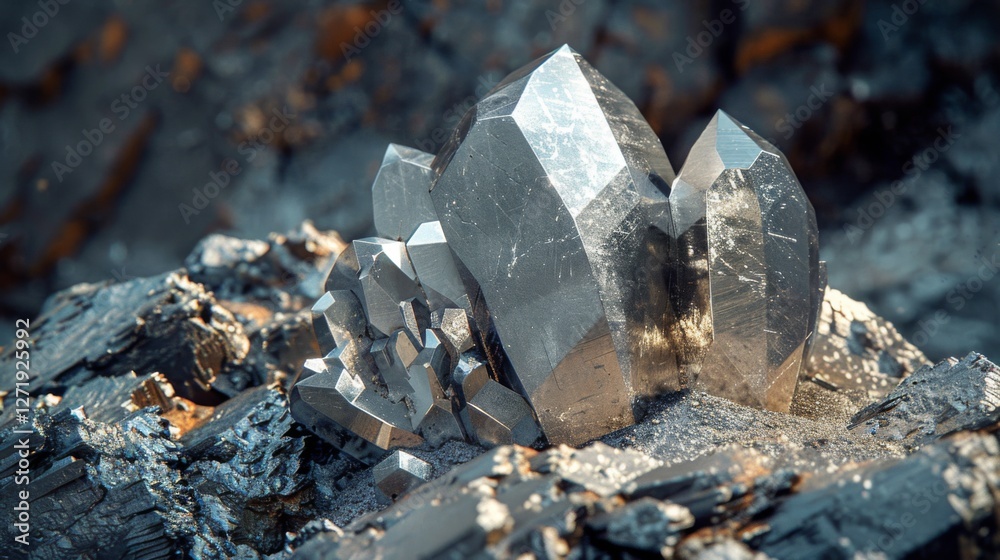 Leinwandbilder a cluster of sharp, reflective crystals emerges from a rugged rocky surface, illuminated by soft nat