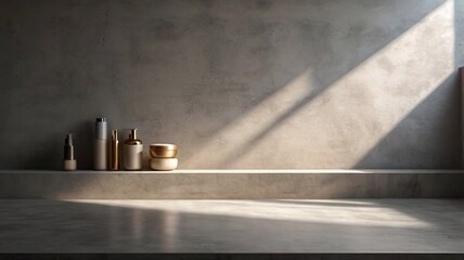 Podium White Background, Wall Studio Kitchen and Shadow, Light on Grey surface Desk, Empty wall room concrete Texture Top Shelf Countertop for Cosmetic Products, Blank backdrop display With Sunlight