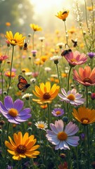 Fototapeta premium Vibrant wildflower meadow with butterflies and bees in sunlight