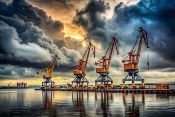 Obraz premium Gloomy Harbor: Four Cranes at Seaport, Industrial Landscape Photography