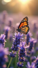 Obraz premium Monarch butterfly resting on purple lavender at sunset in glowing garden