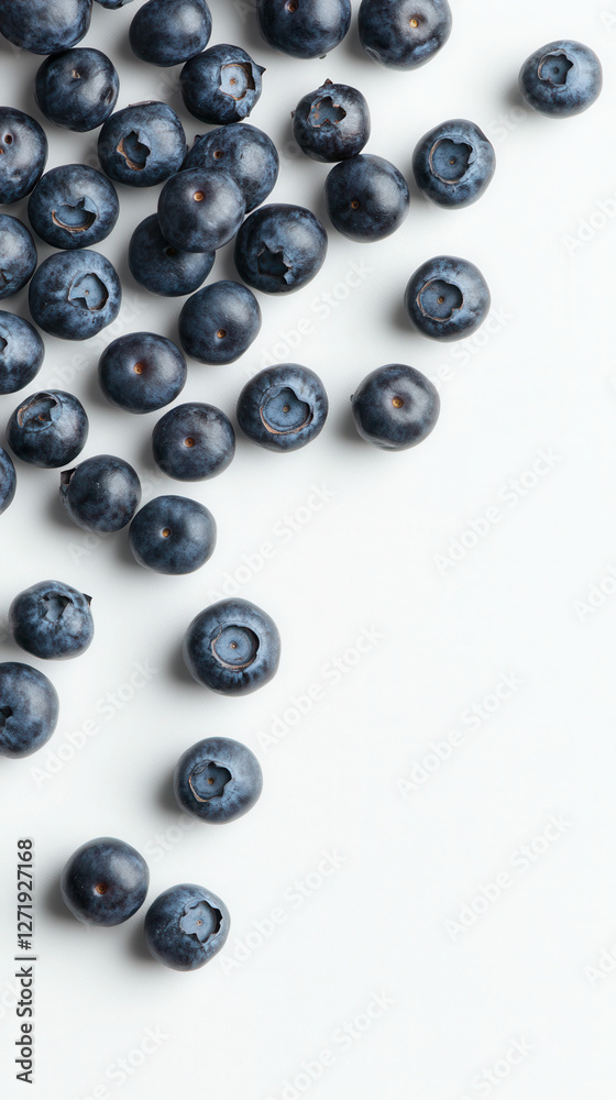 Wall mural Fresh blueberries scattered on a white background captured in ultra-high-definition detail, perfect for culinary or health-related content.Blank space for text